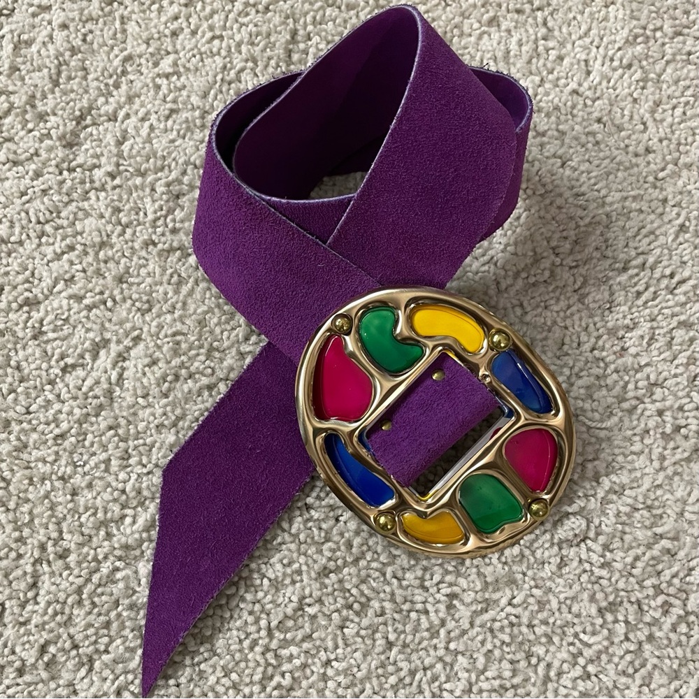 VINTAGE Women's PURPLE SUEDE Wide MULTI-COLOR Mosaic BELT